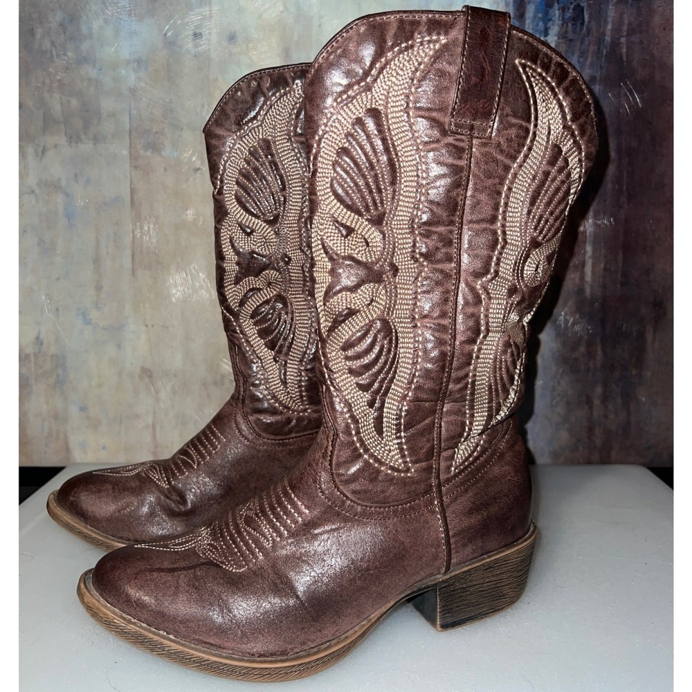 Chance Cowboy Boots Womens 6M Brown Excellent Embroidered Mid Calf Western